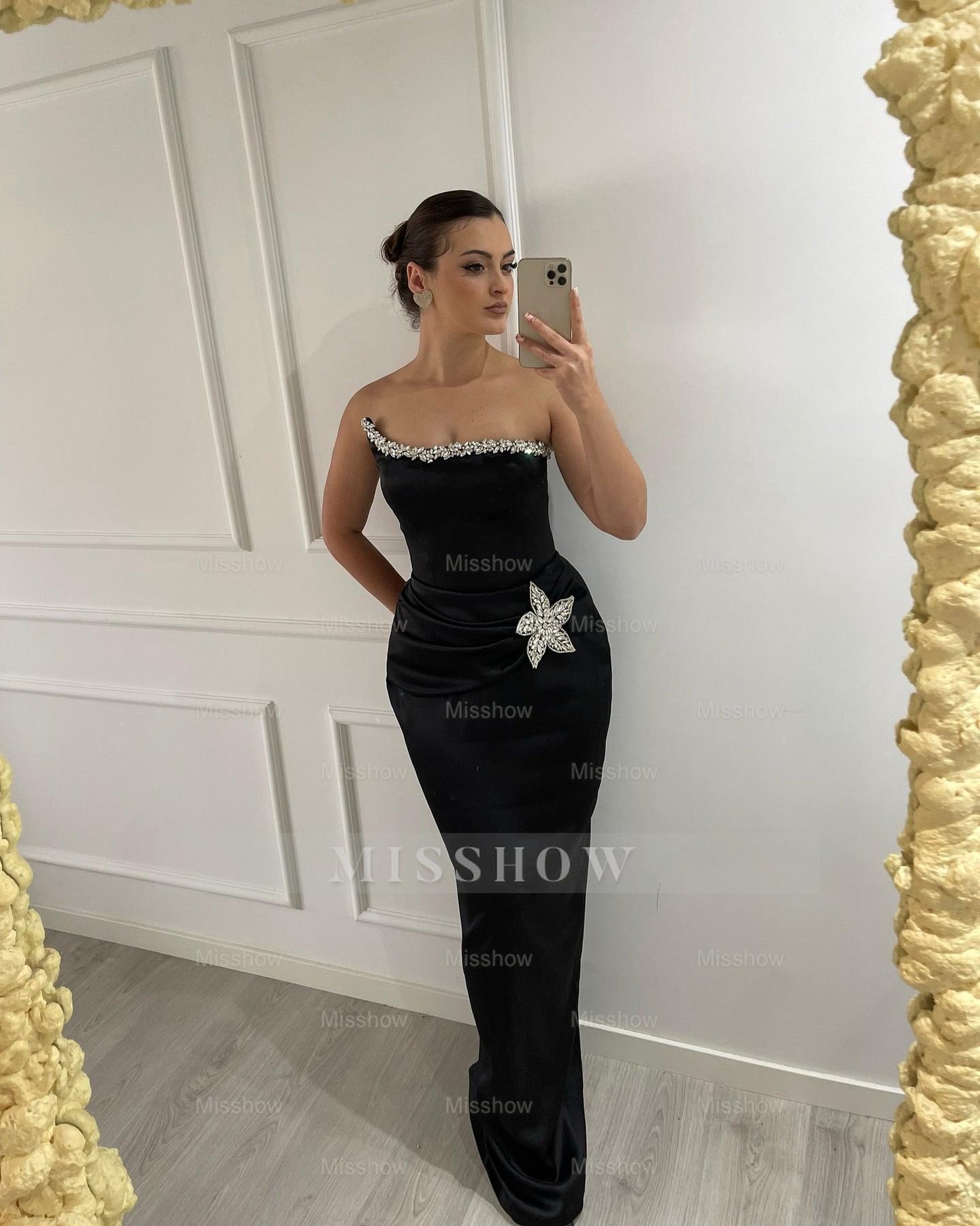 New Arrival Black Strapless Sleeveless Mermaid Evening Dress with Rhinestones
