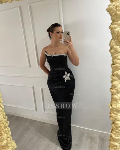 New Arrival Black Strapless Sleeveless Mermaid Evening Dress with Rhinestones