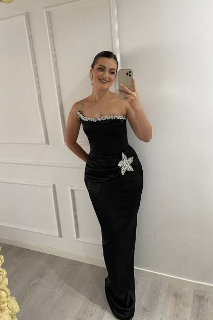 New Arrival Black Strapless Sleeveless Mermaid Evening Dress with Rhinestones