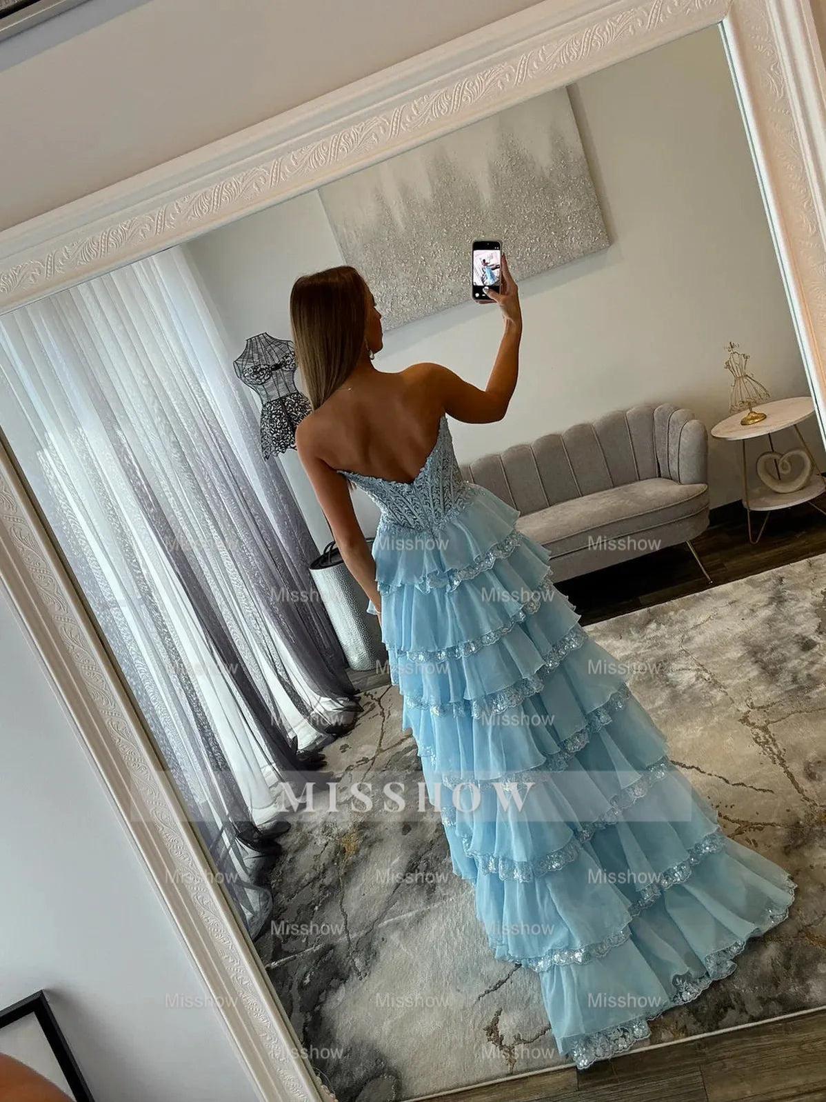 New Arrival Long Blue A-line Strapless Lace Prom Dress with Slit