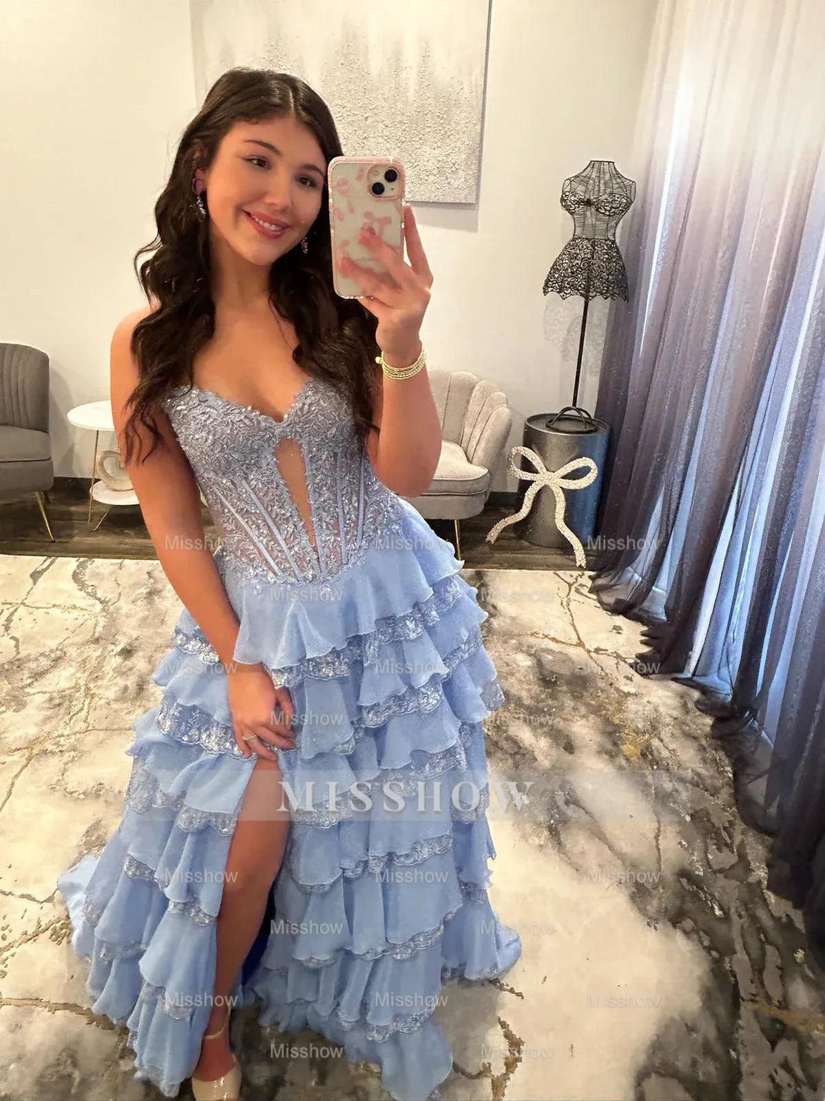 New Arrival Long Blue A-line Strapless Lace Prom Dress with Slit