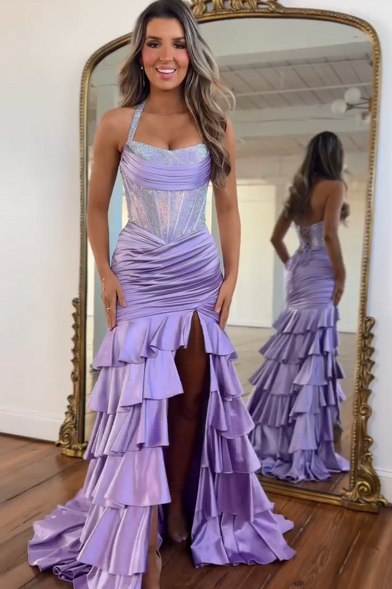 New Arrival Long Purple Mermaid Halter Glitter Prom Dress with Slit