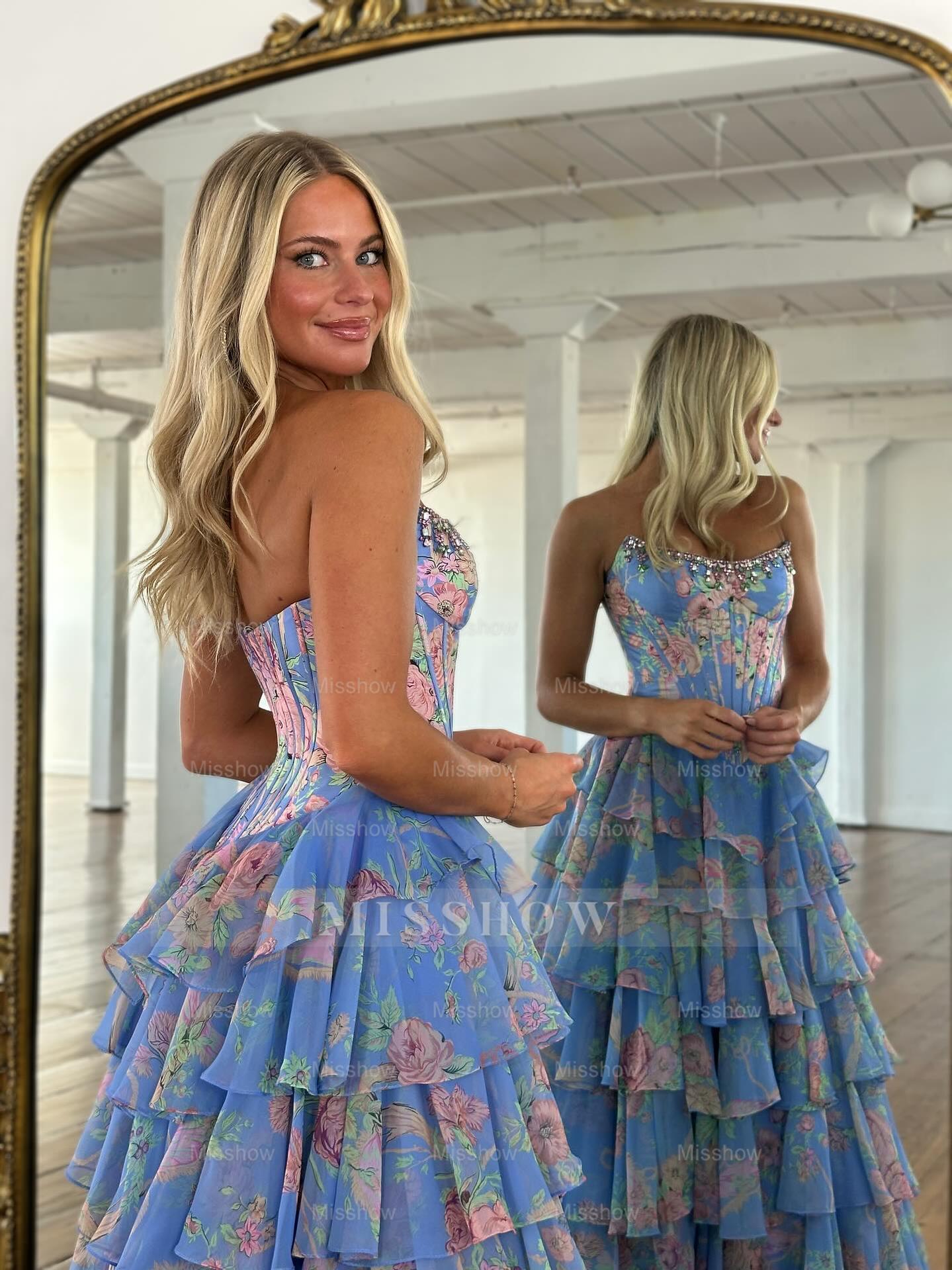 New Blue A-Line Strapless Sleeveless Printed Prom Dress with Ruffles