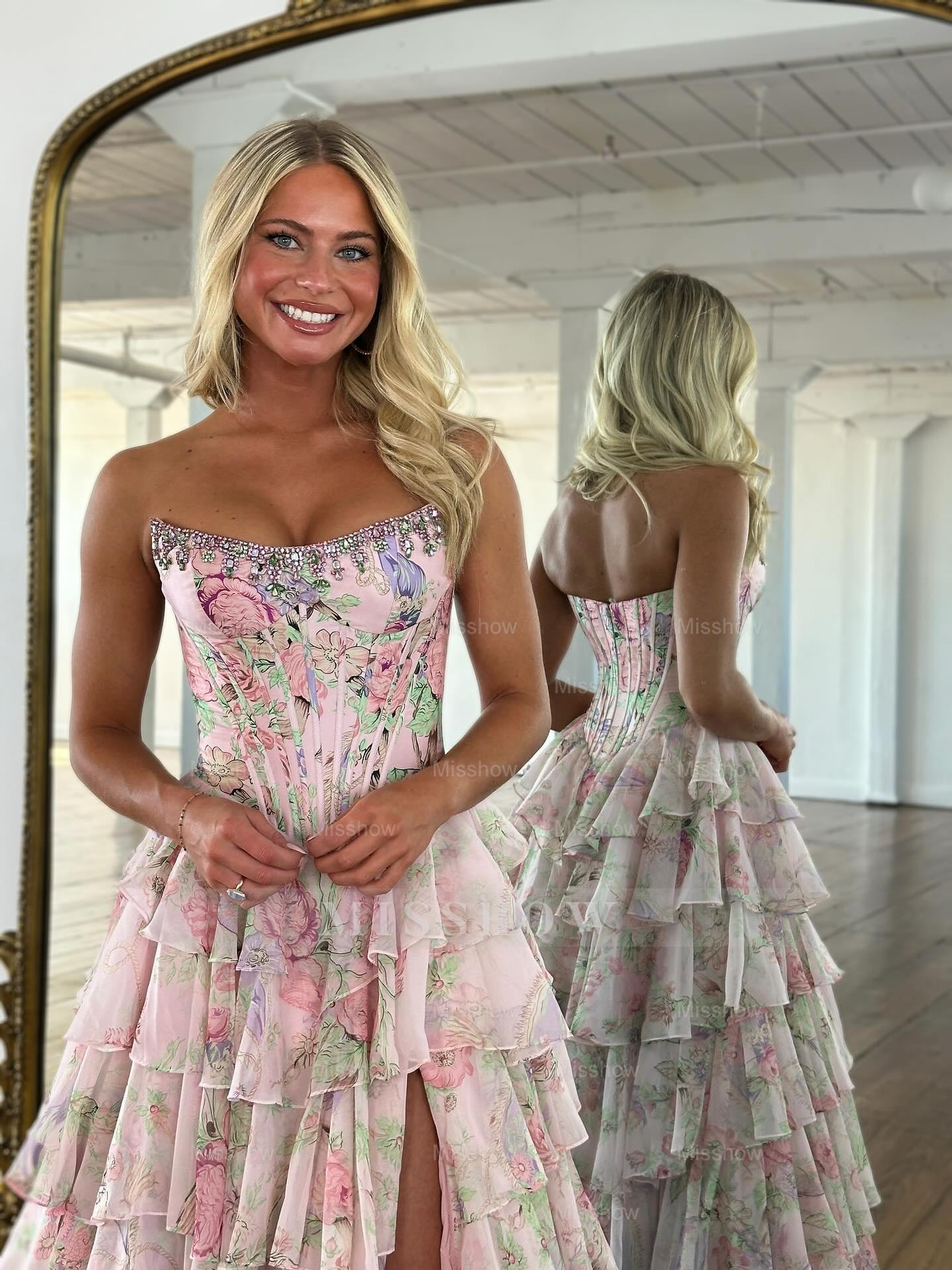 New Blue A-Line Strapless Sleeveless Printed Prom Dress with Ruffles