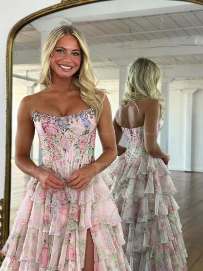 New Blue A-Line Strapless Sleeveless Printed Prom Dress with Ruffles