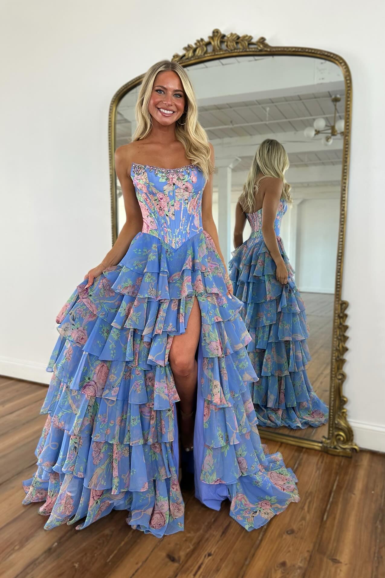 New Blue A-Line Strapless Sleeveless Printed Prom Dress with Ruffles