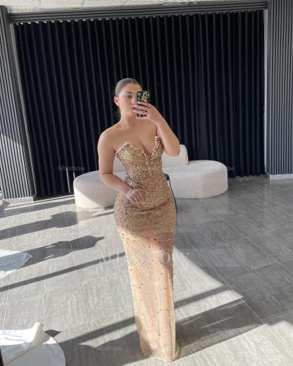 Newest Champagne Sweetheart Sleeveless Mermaid Evening Dress with Rhinestones