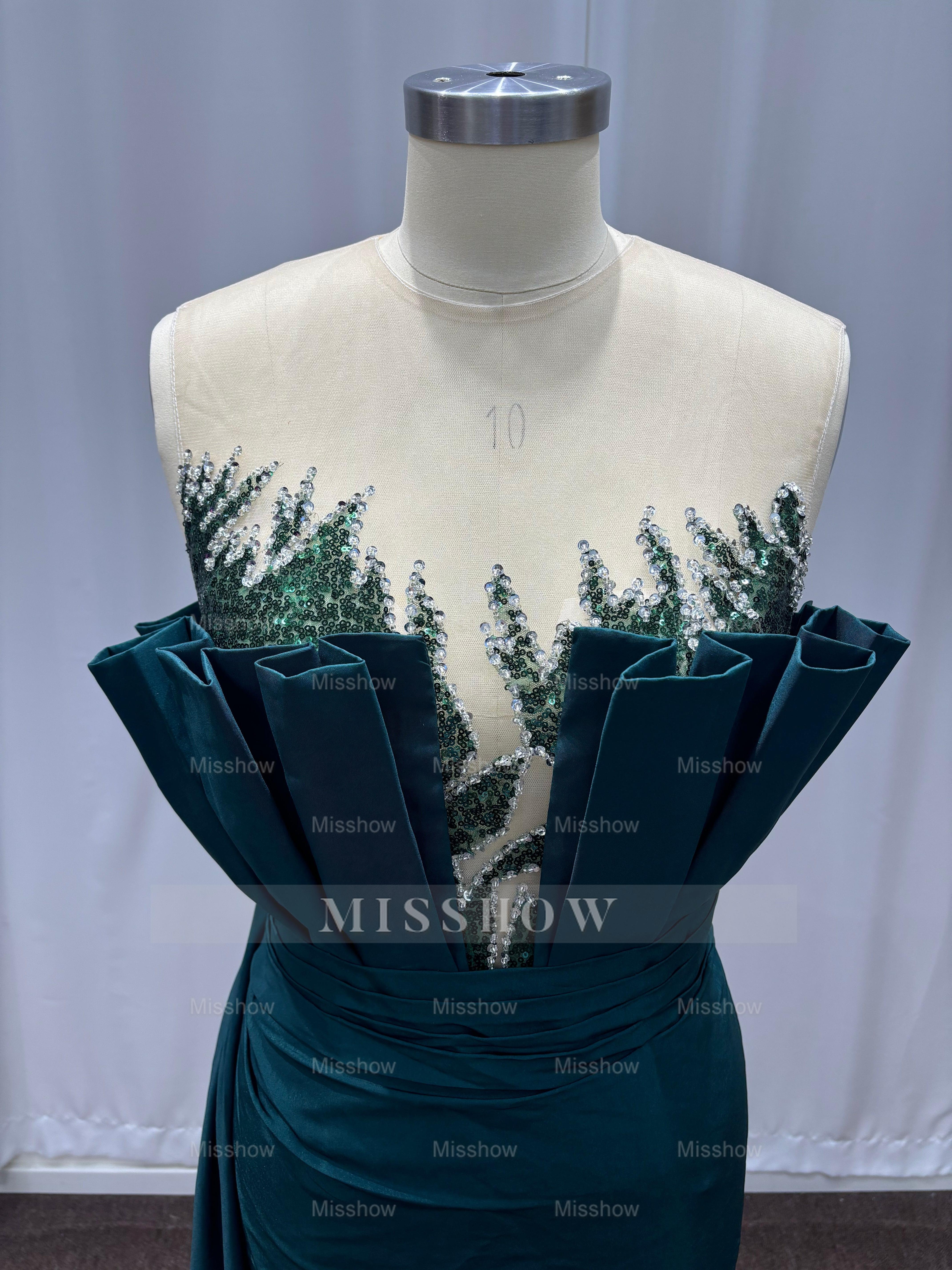 Noble Dark Green Sleeveless Scalloped Column Formal Dress with Rhinestones