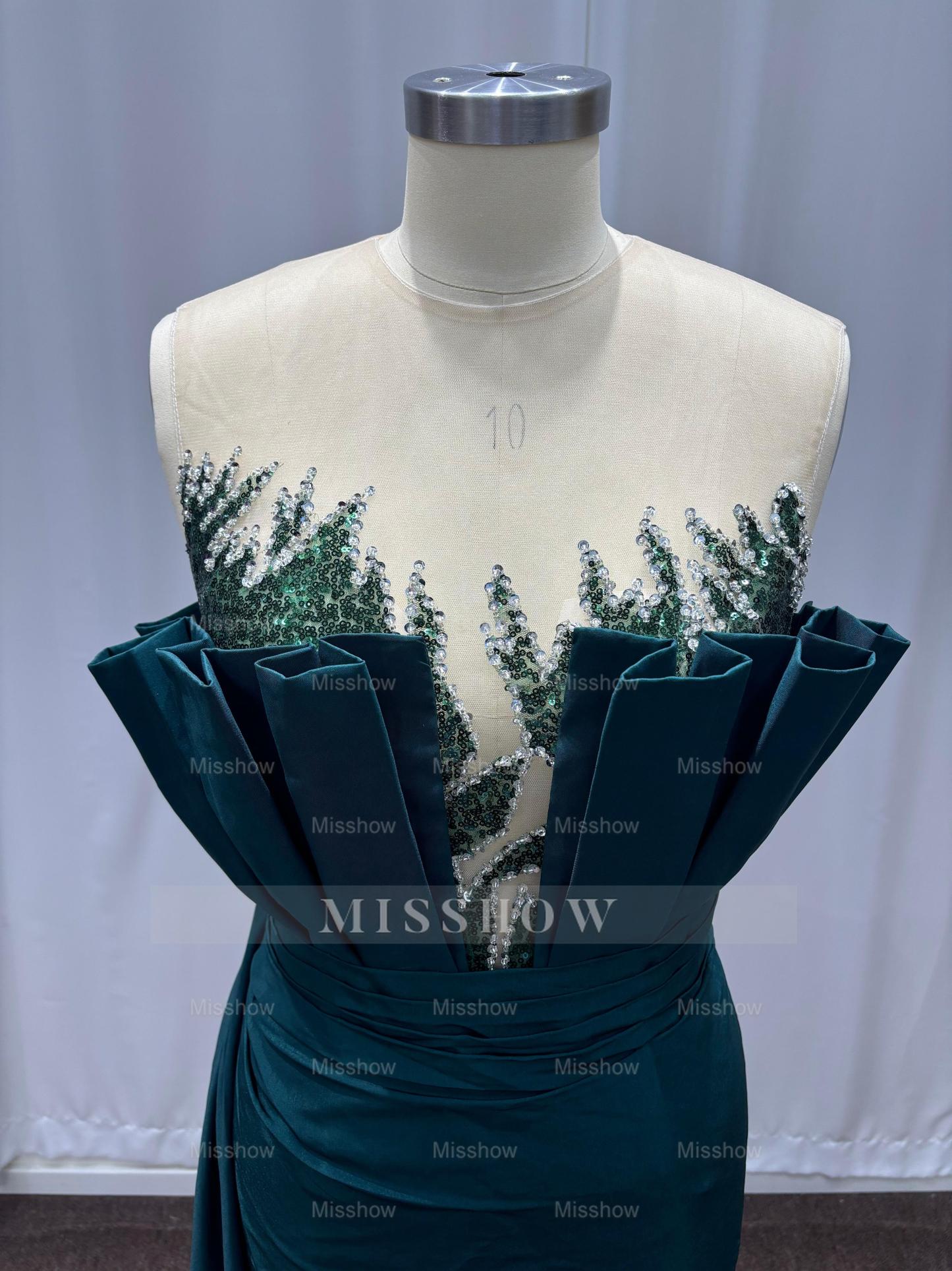 Noble Dark Green Sleeveless Scalloped Column Formal Dress with Rhinestones