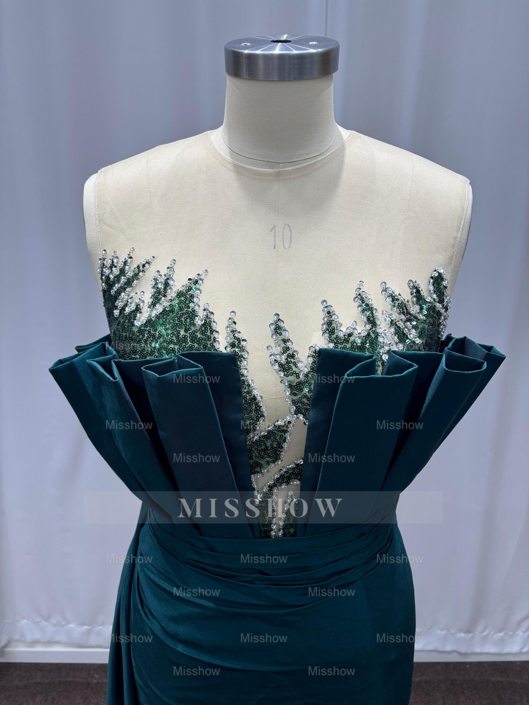 Noble Dark Green Sleeveless Scalloped Column Formal Dress with Rhinestones