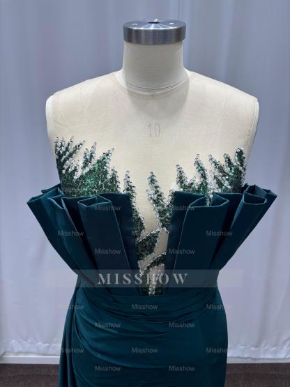 Noble Dark Green Sleeveless Scalloped Column Formal Dress with Rhinestones