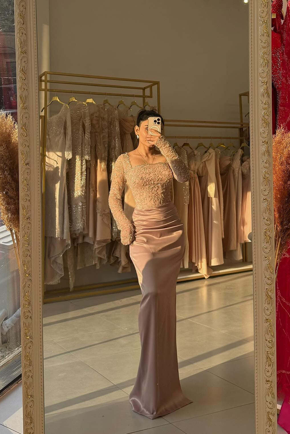 Noble Dusty Rose Square Long-Sleeve Mermaid Formal Dress with Beadings