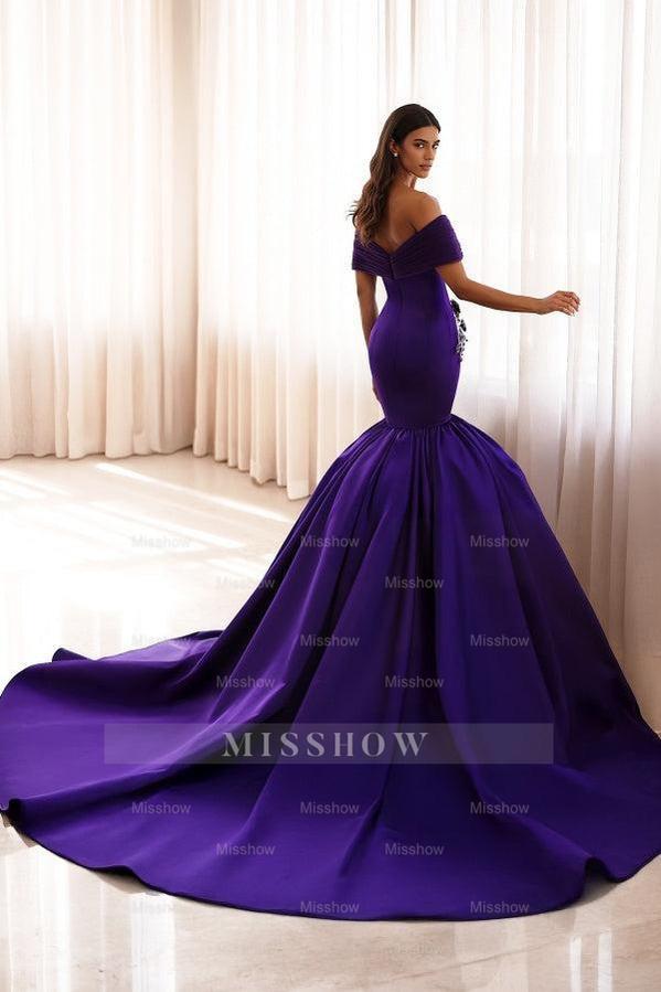 Noble Purple Off-The-Shoulder Mermaid Prom Dress with Chapel Train