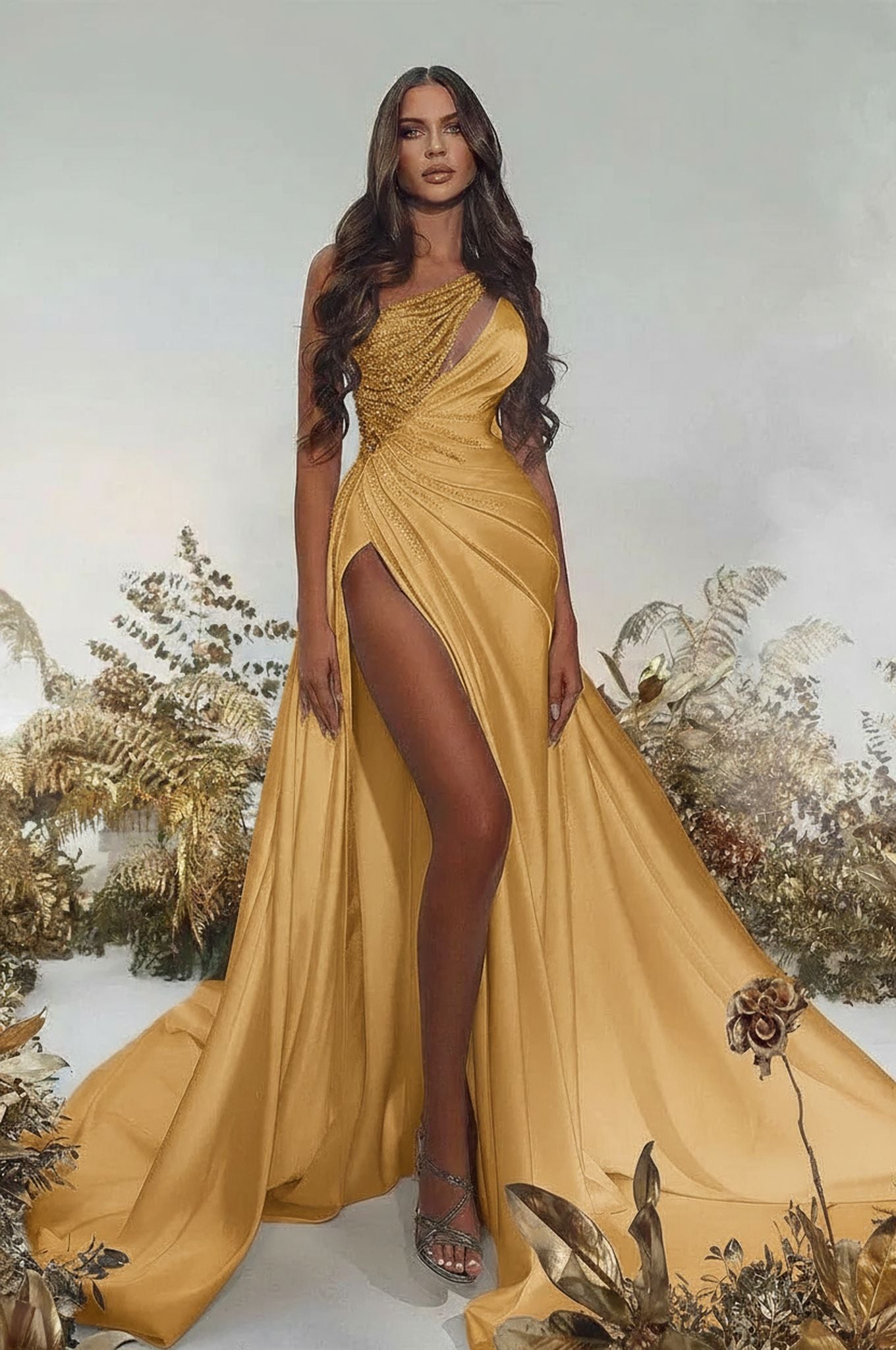 Noble one shoulder sleeveless a-line sequined satin Evening dresses