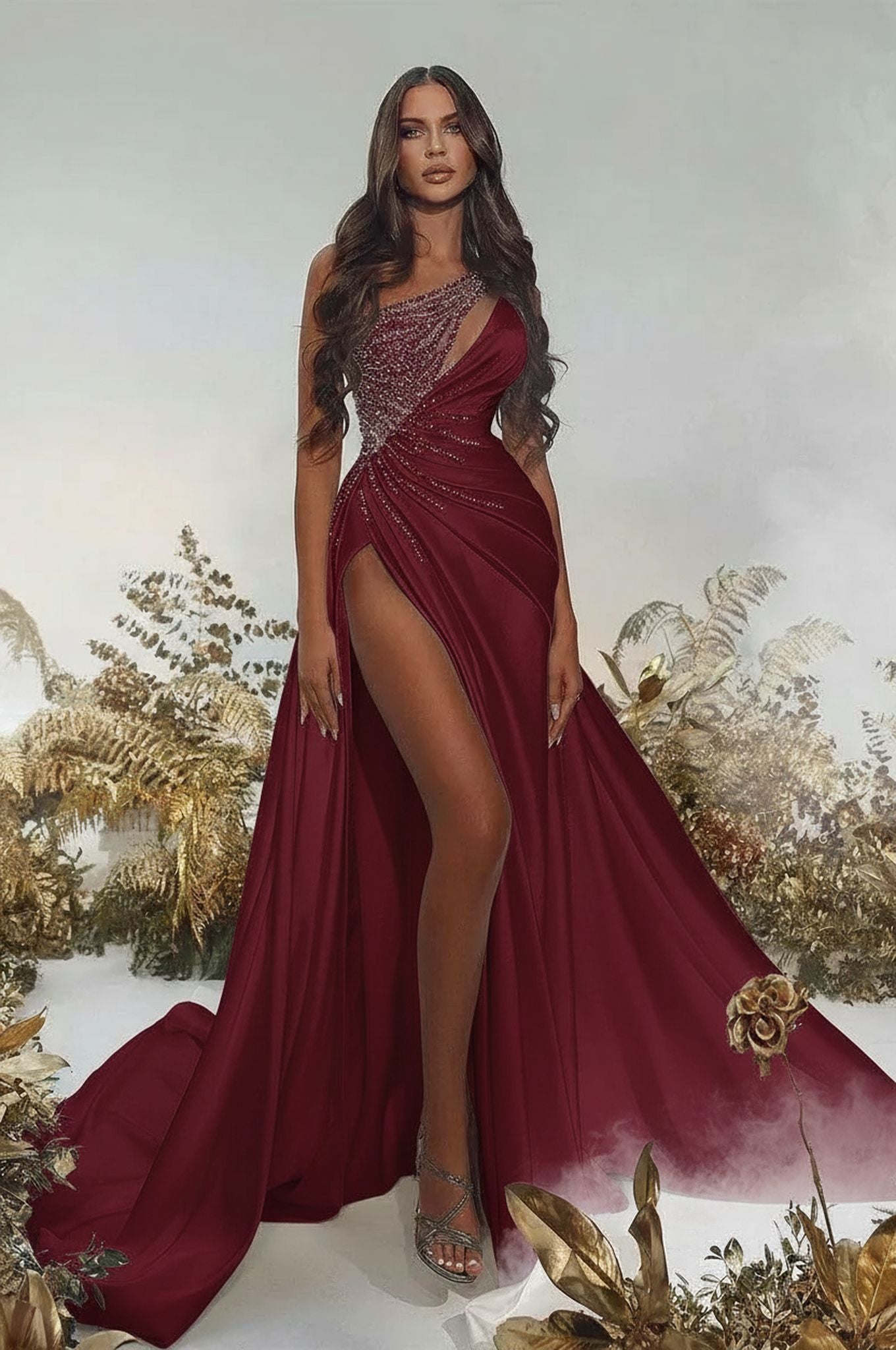 Noble one shoulder sleeveless a-line sequined satin Evening dresses