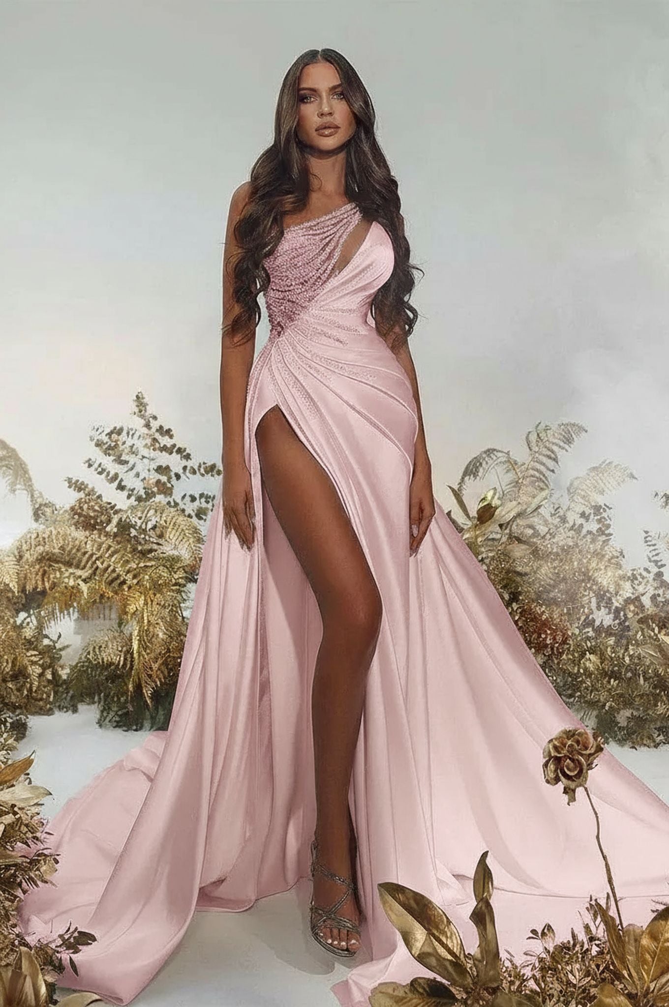 Noble one shoulder sleeveless a-line sequined satin Evening dresses