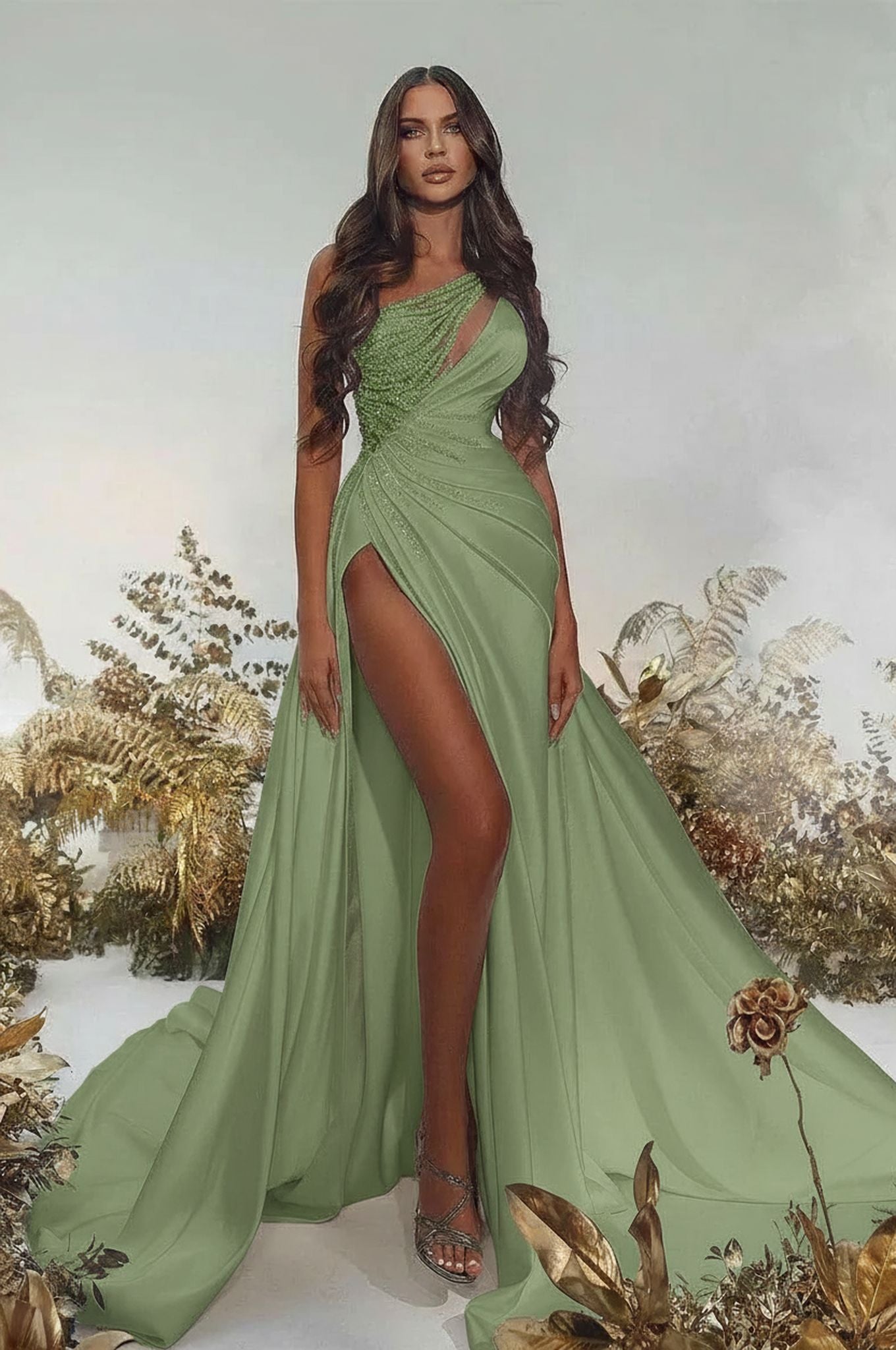 Noble one shoulder sleeveless a-line sequined satin Evening dresses