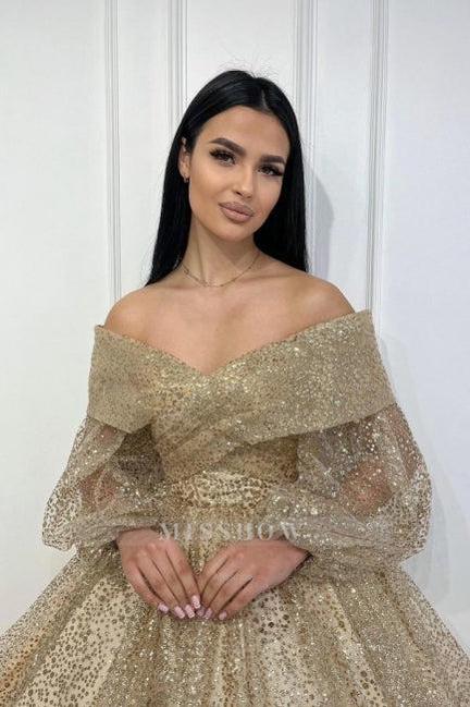 Obsessing Gold A-line Off-the-shoulder Sequined Prom Evening Dresses with Long Sleeves