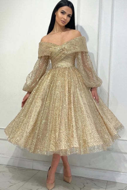 Obsessing Gold A-line Off-the-shoulder Sequined Prom Evening Dresses with Long Sleeves