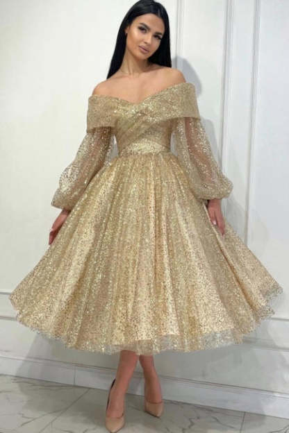 Obsessing Gold A-line Off-the-shoulder Sequined Prom Evening Dresses with Long Sleeves