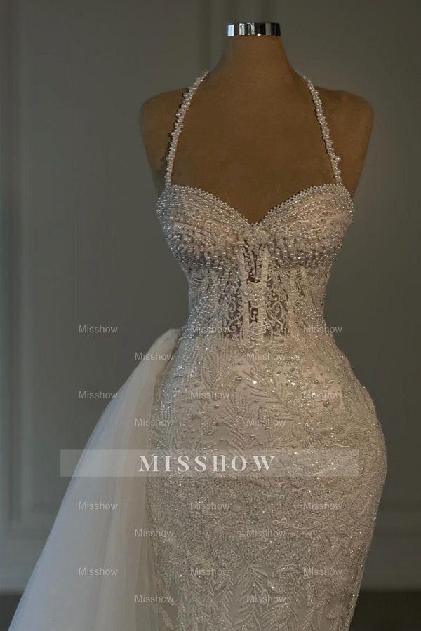 Obsessing Long Ivory Mermaid Halter Lace Beading Sleeveless Wedding Dress