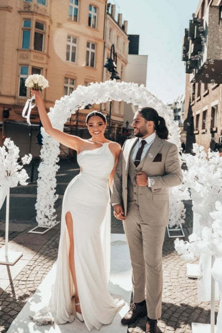 Obsessing Long White One Shoulder Sleeveless Beading Wedding Dress with Slit