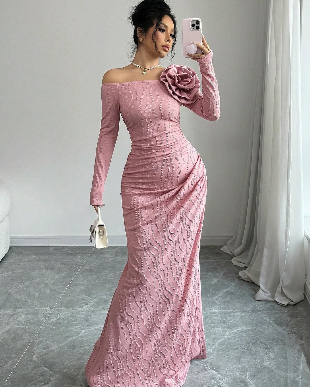 Off-The-Shoulder Long Sleeves Long Mermaid Formal Dress With Flower