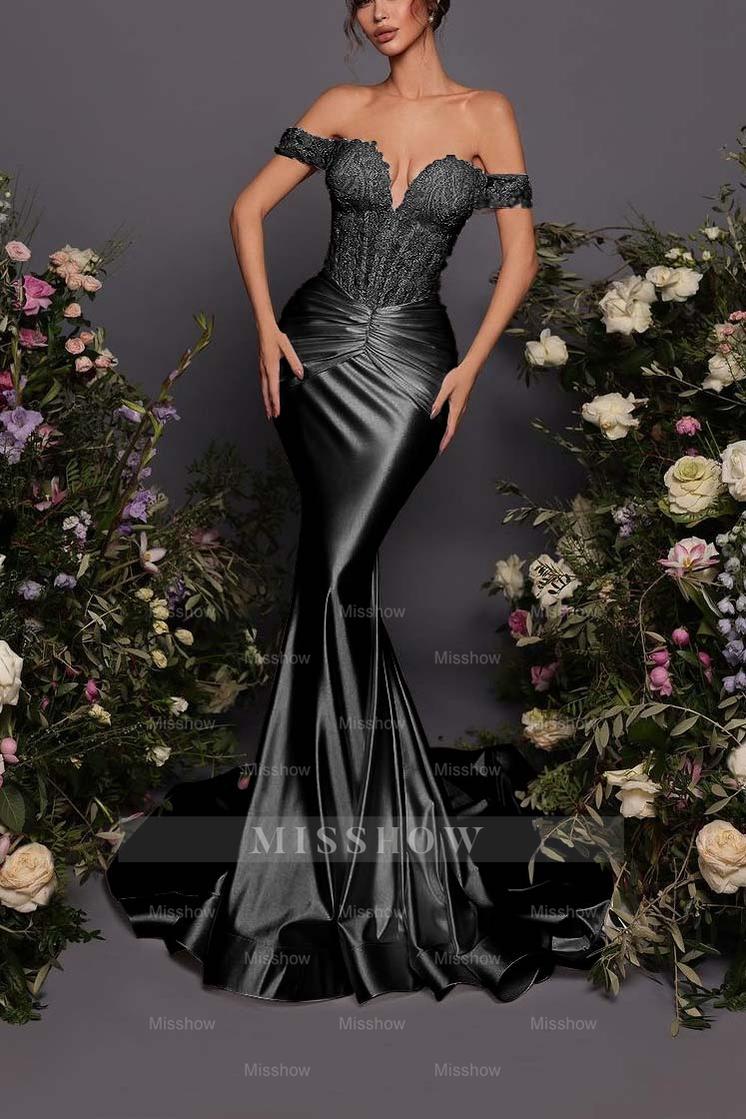 Off The Shoulder Sleeveless Long Mermaid Formal Dress With Pleated