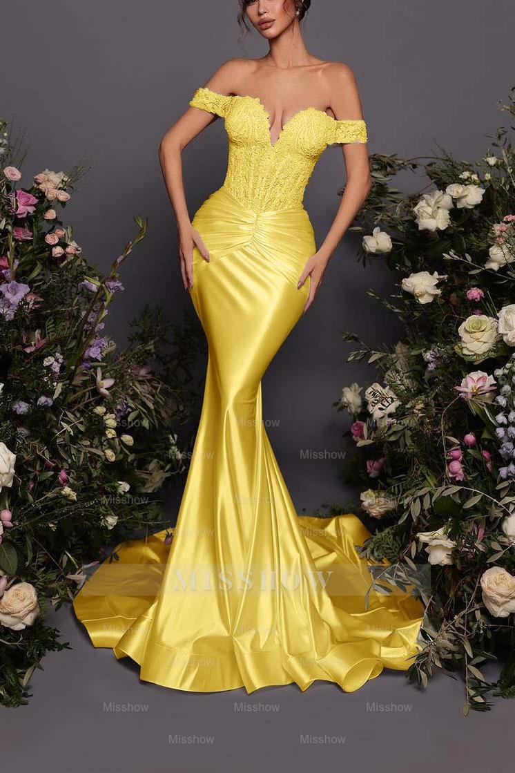 Off The Shoulder Sleeveless Long Mermaid Formal Dress With Pleated