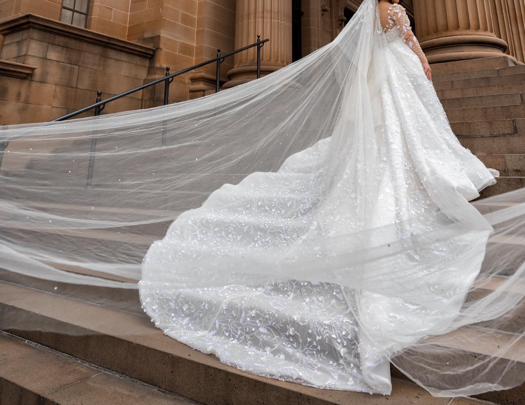 Off-the-Shoulder Deep V-Neck Wedding Dress with Overskirt