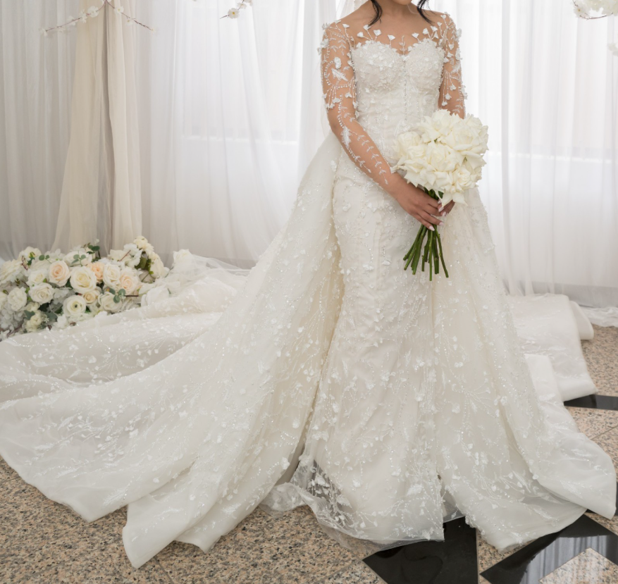 Off-the-Shoulder Deep V-Neck Wedding Dress with Overskirt