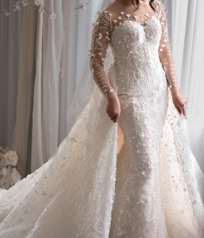 Off-the-Shoulder Deep V-Neck Wedding Dress with Overskirt