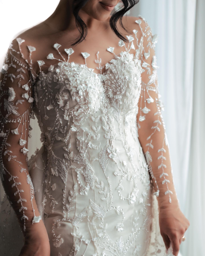 Off-the-Shoulder Deep V-Neck Wedding Dress with Overskirt