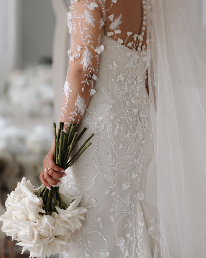 Off-the-Shoulder Deep V-Neck Wedding Dress with Overskirt