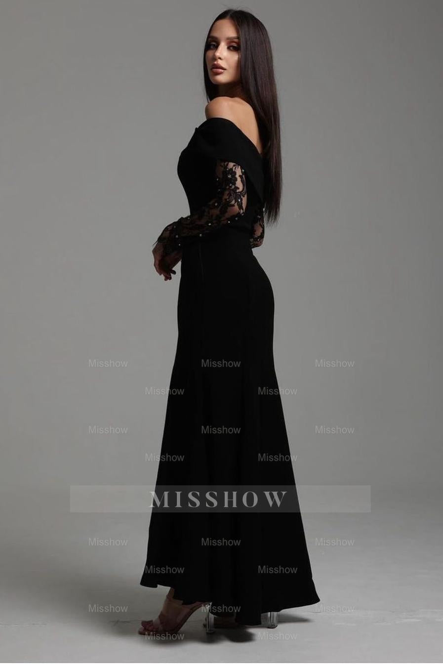 Off the Shoulder Long Sleeves Long Formal Dress With Ruffles Appliques