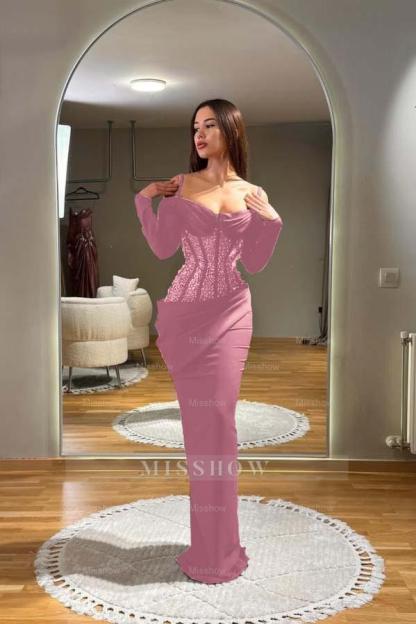 Off the Shoulder Long Sleeves Long Formal Dress With Sequins Pleated