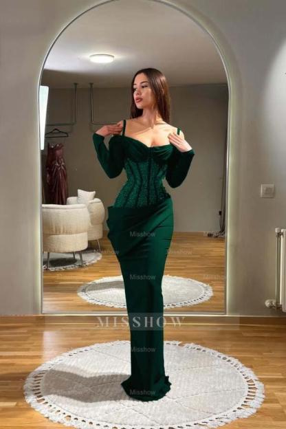 Off the Shoulder Long Sleeves Long Formal Dress With Sequins Pleated