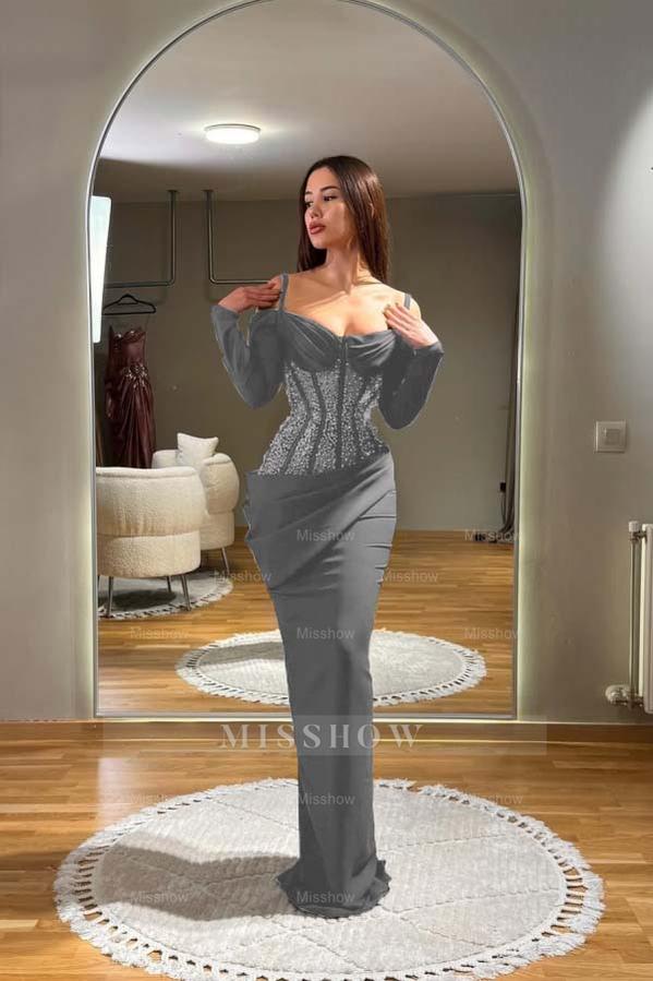 Off the Shoulder Long Sleeves Long Formal Dress With Sequins Pleated