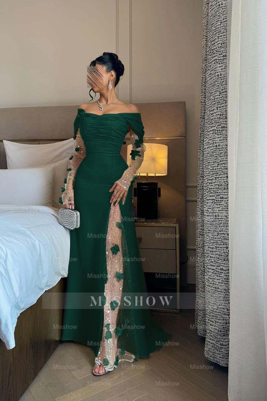 Off the Shoulder Long Sleeves Long Formal Dress With Split Appliques
