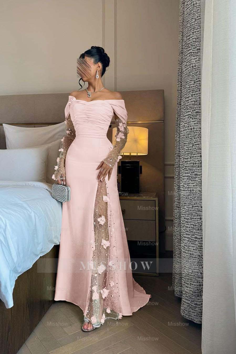 Off the Shoulder Long Sleeves Long Formal Dress With Split Appliques