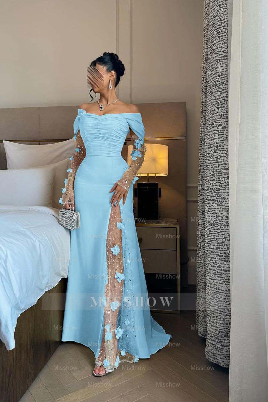 Off the Shoulder Long Sleeves Long Formal Dress With Split Appliques