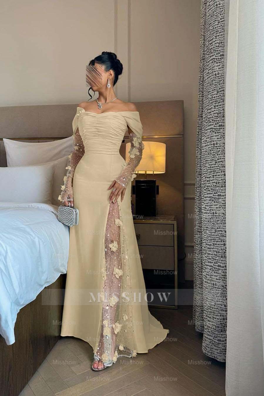 Off the Shoulder Long Sleeves Long Formal Dress With Split Appliques