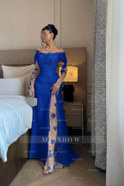 Off the Shoulder Long Sleeves Long Formal Dress With Split Appliques