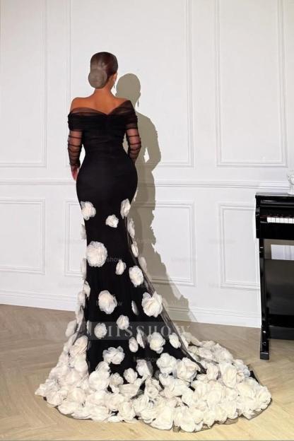 Off the Shoulder Long Sleeves Long Mermaid Formal Dress With Appliques