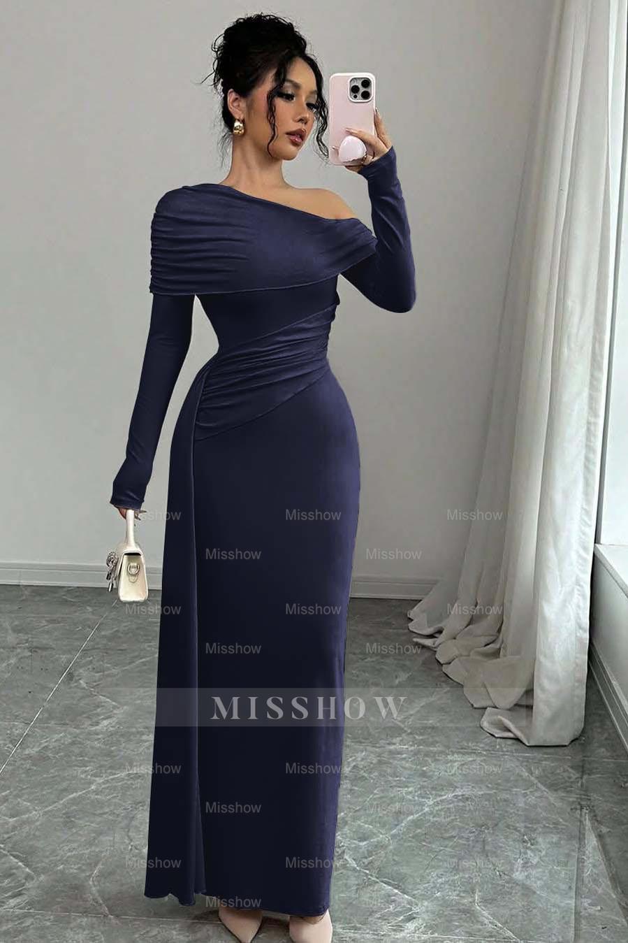 Off the Shoulder Long Sleeves Long Mermaid Formal Dress With Ruffles
