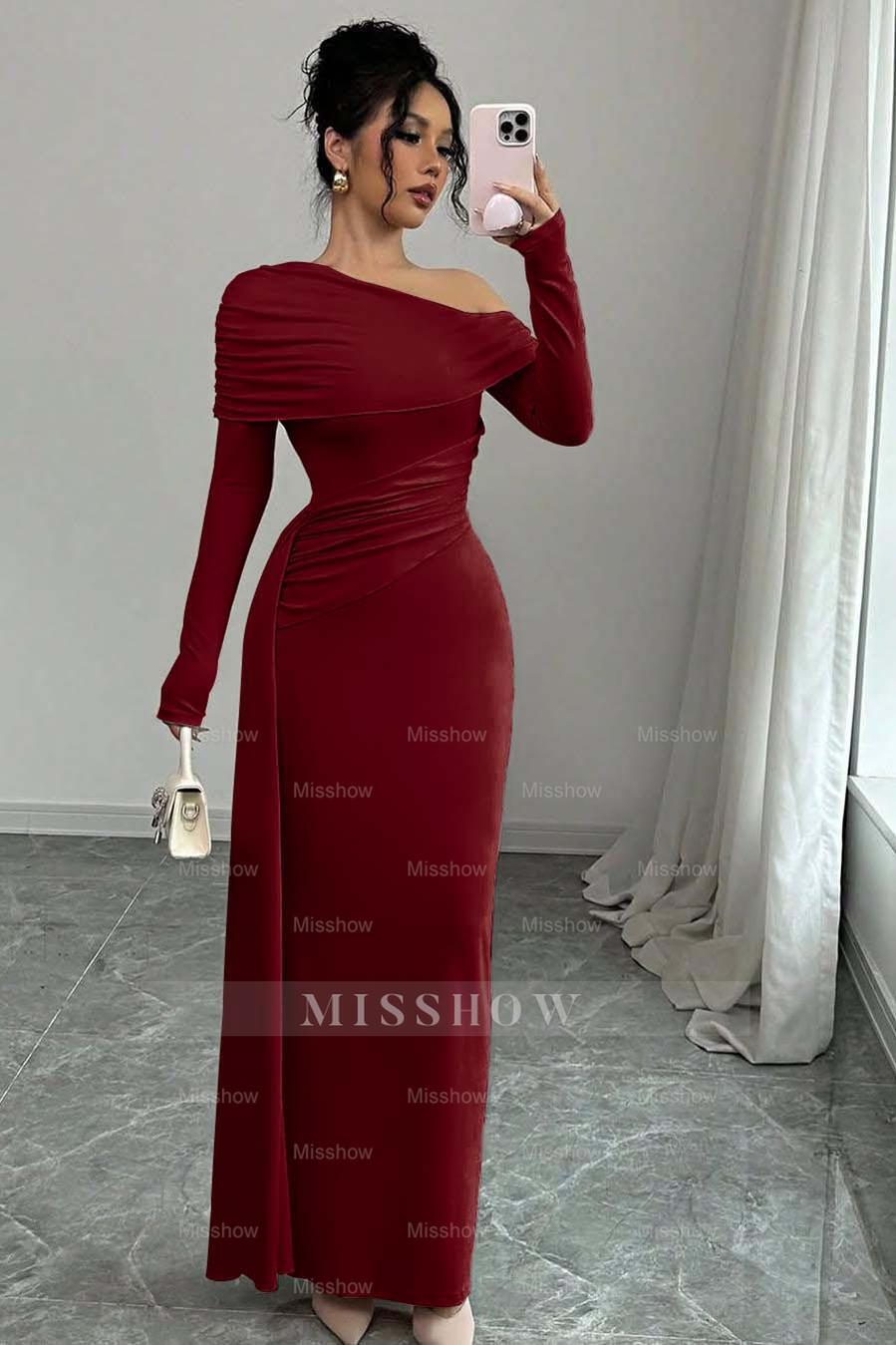 Off the Shoulder Long Sleeves Long Mermaid Formal Dress With Ruffles