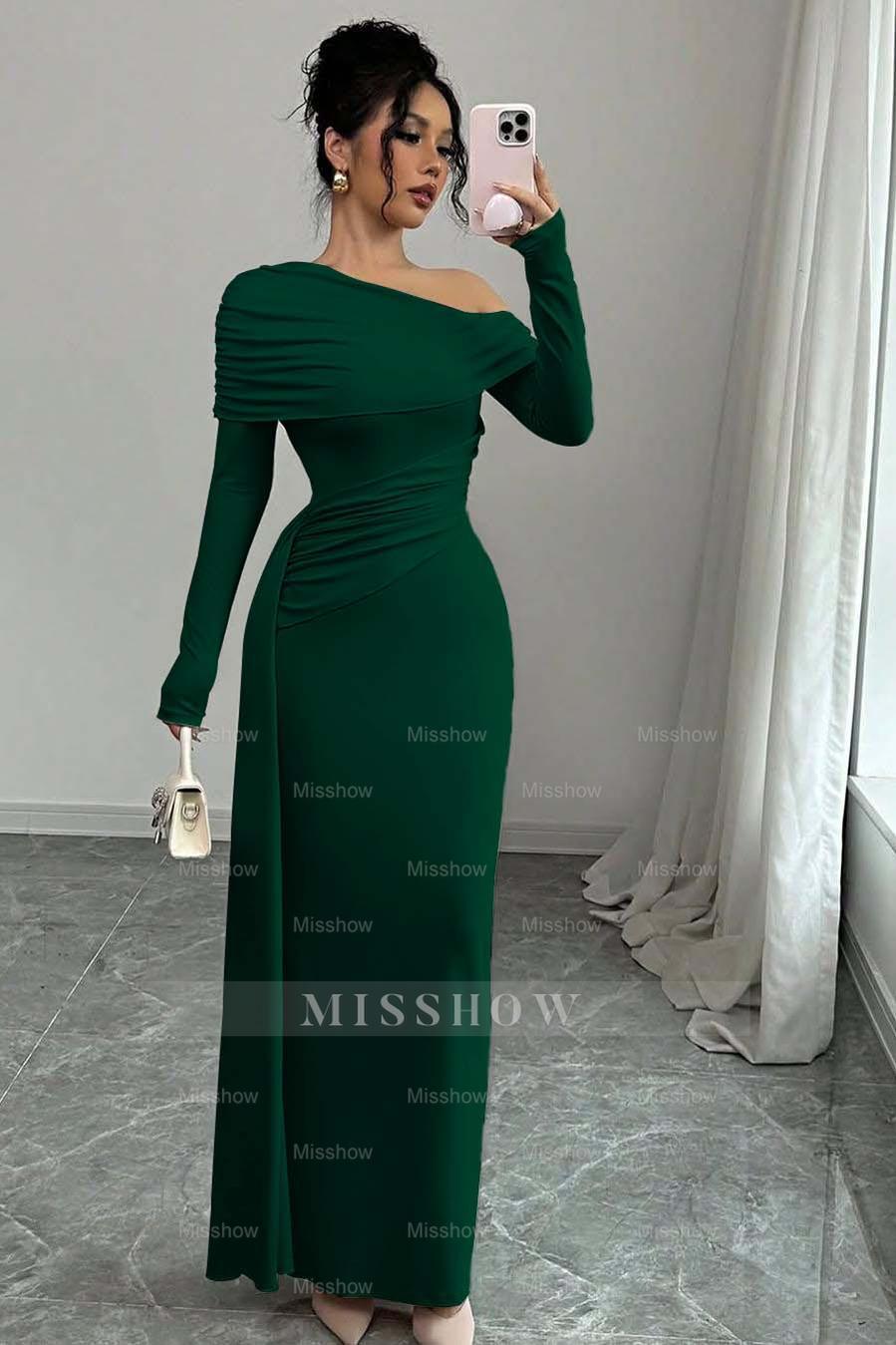 Off the Shoulder Long Sleeves Long Mermaid Formal Dress With Ruffles