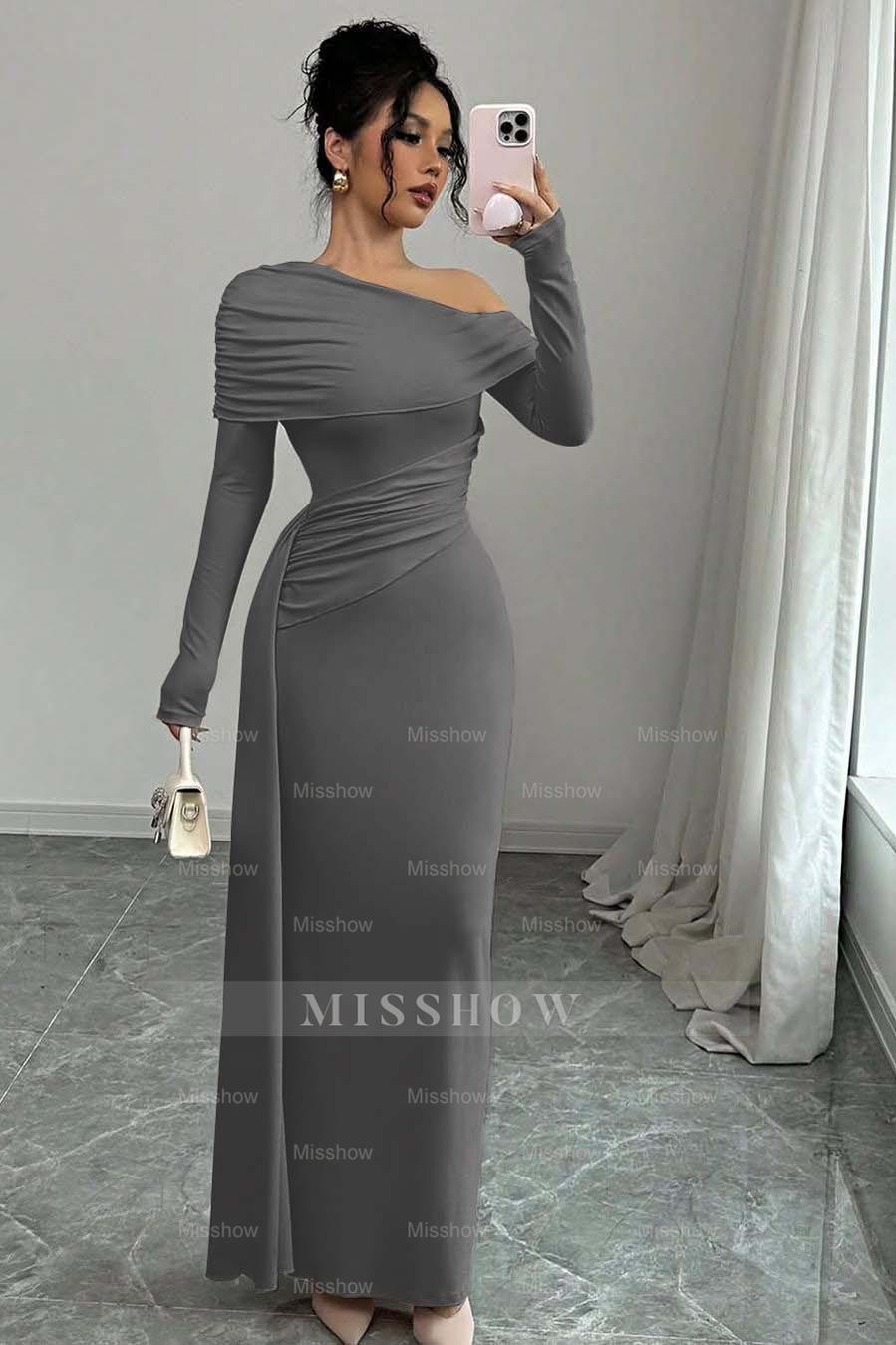 Off the Shoulder Long Sleeves Long Mermaid Formal Dress With Ruffles