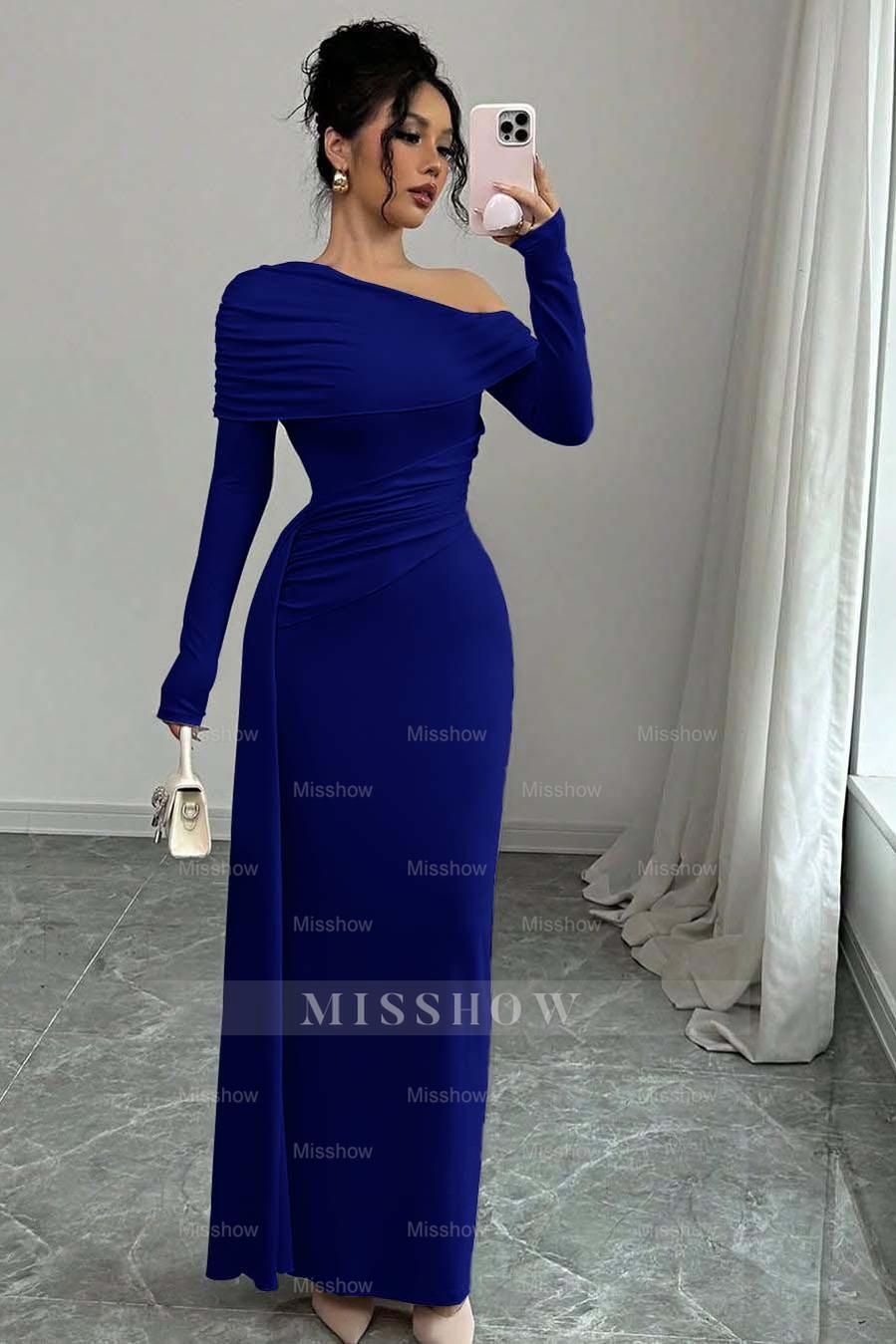 Off the Shoulder Long Sleeves Long Mermaid Formal Dress With Ruffles