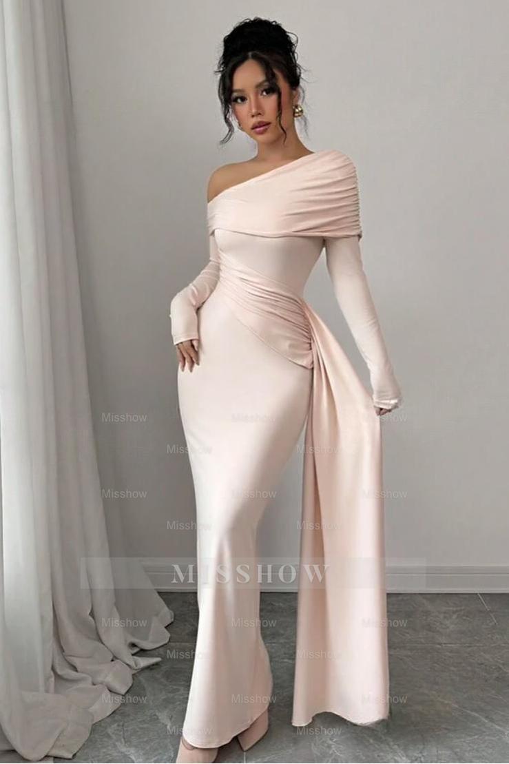Off the Shoulder Long Sleeves Long Mermaid Formal Dress With Ruffles